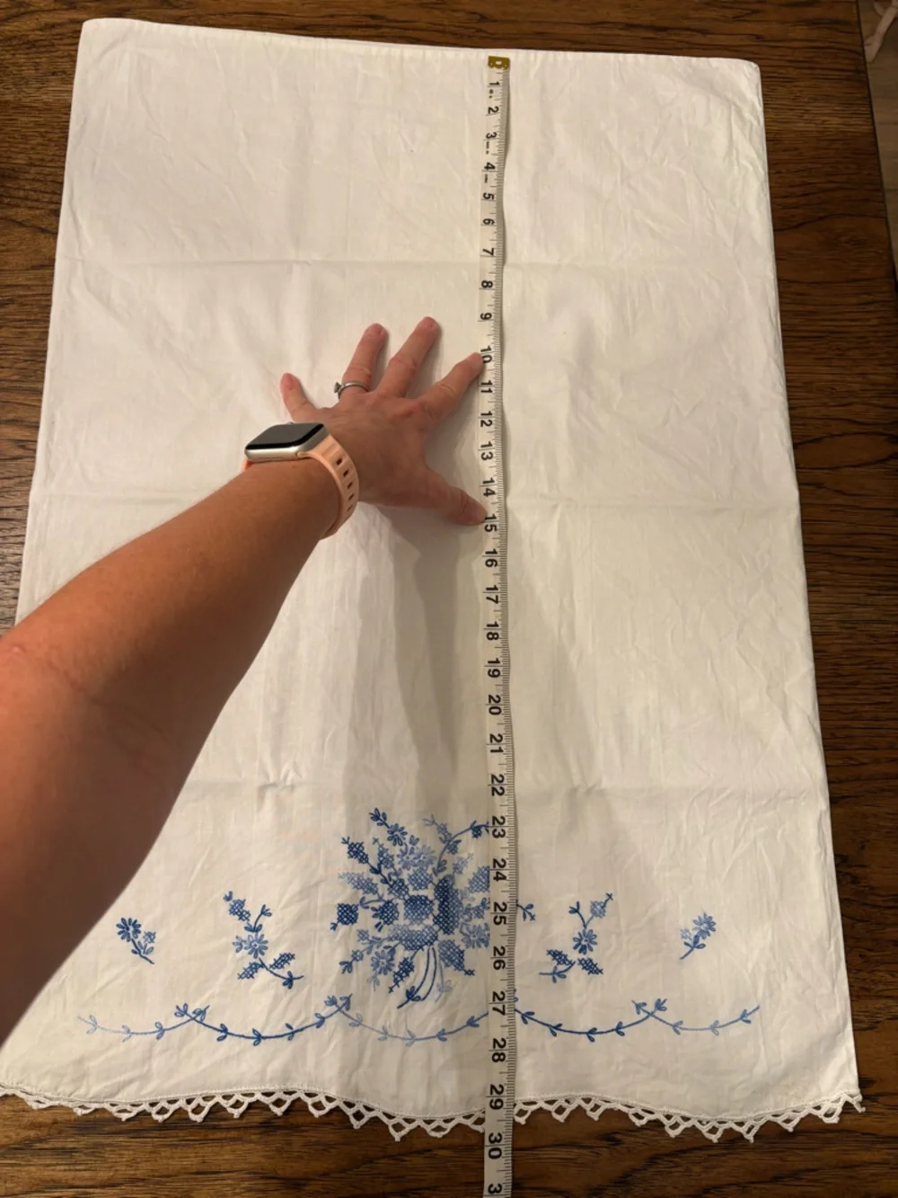 Pair Vintage Hand Embroidered Cotton Pillowcases Blue Floral Cottage Heirloom